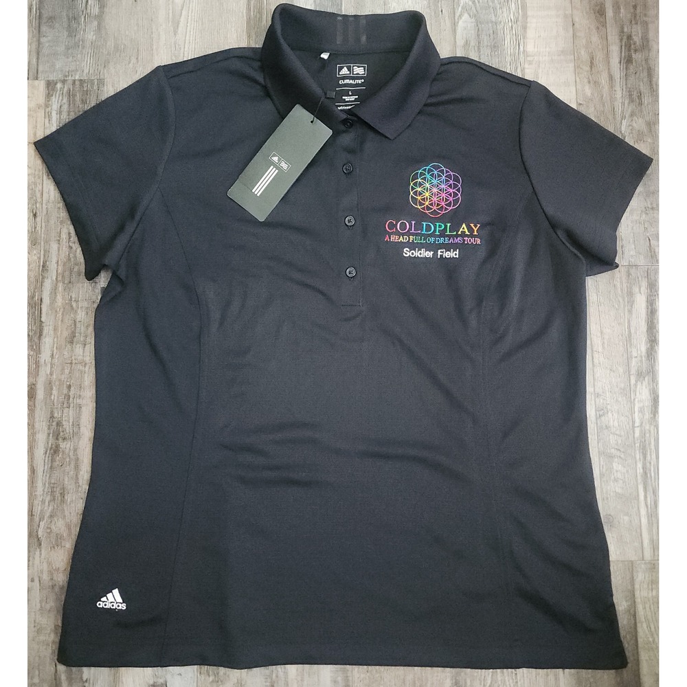 Adidas Polo Shirt Womens Large Black Coldplay Soldier Field Climalite Rare NEW